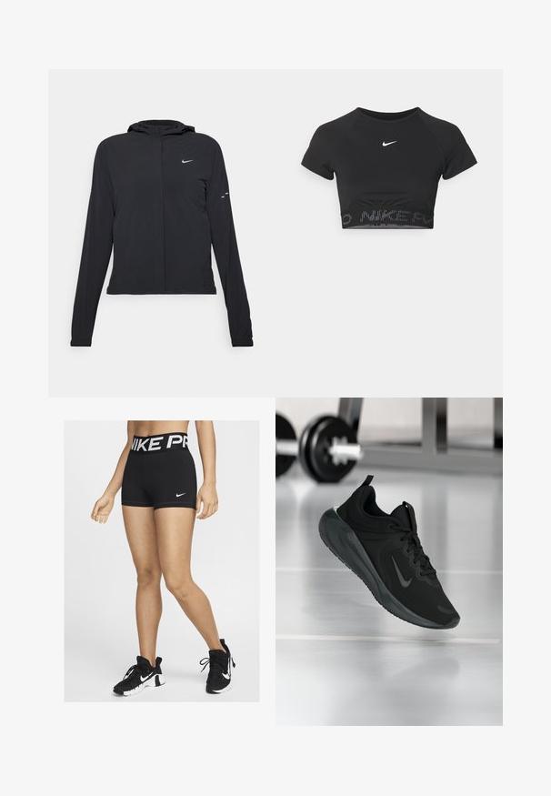 Black hooded jacket with long sleeves, made from lightweight material. Features a front zipper, a Nike logo, and subtle design accents.; Black cropped sports top with short sleeves, featuring a white Nike logo and a textured band with "NIKE" in a pattern at the hem.; Black athletic shorts with a wide waistband featuring "NIKE PRO" in white lettering. A small white Nike swoosh logo is visible on the side.; Black sports sneaker with Nike logo, shown mid-air on gym floor, with blurred dumbbell rack in background.