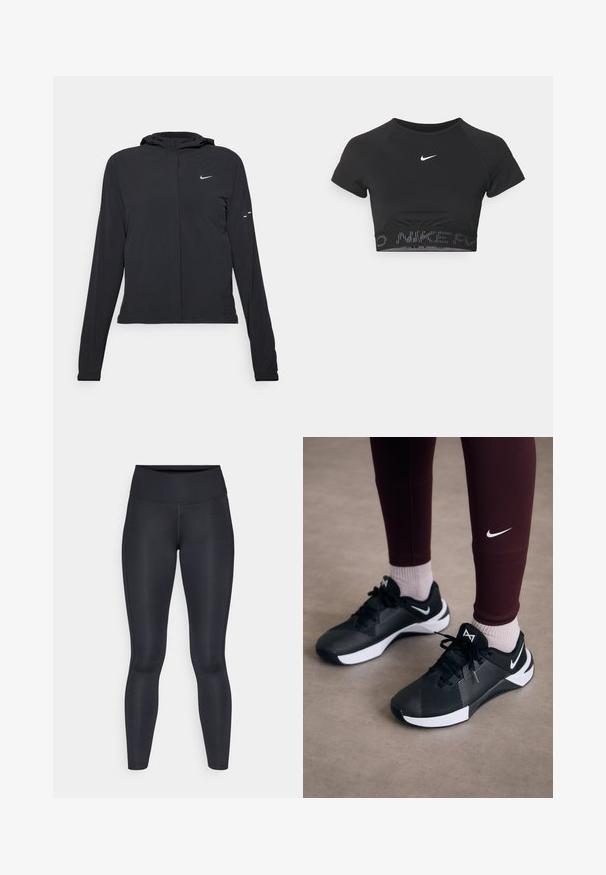 Svart huva jacka med långa ärmar, gjord av lätt material. Har en framdragare, en Nike-logotyp och subtila designelement.; Svart kortärmad sporttop med croppad passform, som har en vit Nike-logga och ett strukturerat band med "NIKE" i ett mönster vid nederkanten.; Svarta leggings gjorda av ett smidigt, elastiskt tyg. Hög midja utan synliga mönster eller detaljer. Sitter tätt från midjan till anklarna.; Svarta sportskor med en texturerad ovandel och vita detaljer, med snören och en sidologotyp. Helt klart i kombination med vinröda leggings och ljusa strumpor.