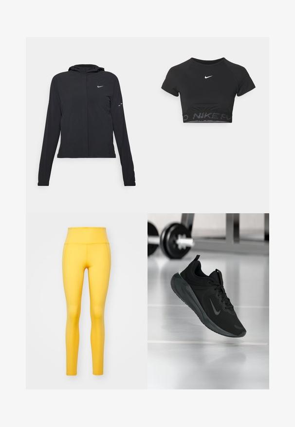 Black hooded jacket with long sleeves, made from lightweight material. Features a front zipper, a Nike logo, and subtle design accents.; Black cropped sports top with short sleeves, featuring a white Nike logo and a textured band with "NIKE" in a pattern at the hem.; Girlfriend Collective COMPRESSIVE HIGH RISE LEGGING LONG - Leggings - golden glow; Black sports sneaker with Nike logo, shown mid-air on gym floor, with blurred dumbbell rack in background.