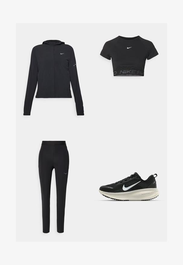 Black hooded jacket with long sleeves, made from lightweight material. Features a front zipper, a Nike logo, and subtle design accents.; Black cropped sports top with short sleeves, featuring a white Nike logo and a textured band with "NIKE" in a pattern at the hem.; Black athletic pants made from stretchy fabric, featuring a fitted design, elastic waistband, and a subtle logo detail near the hip.; Black Nike running shoe with breathable mesh upper, white swoosh logo, textured detailing, and a cream-colored ZoomX midsole.