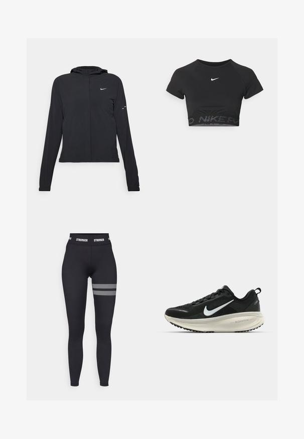 Jachetă neagră cu glugă, cu mâneci lungi, fabricată din material ușor. Dispune de un fermoar frontal, un logo Nike și accente de design subtile.; Top sport negru crop cu mâneci scurte, având un logo alb Nike și o bandă texturată cu „NIKE” într-un model la tiv.; Leggings negre cu talie înaltă, cu un logo alb "STRONGER" pe brâu și accente din plasă în dungi orizontale pe coapsă.; Pantofii de alergare negri de la Nike, cu parte superioară din plasă respirabilă, logo-ul alb Swoosh, detalii texturate și o talpă intermediară ZoomX de culoare crem.