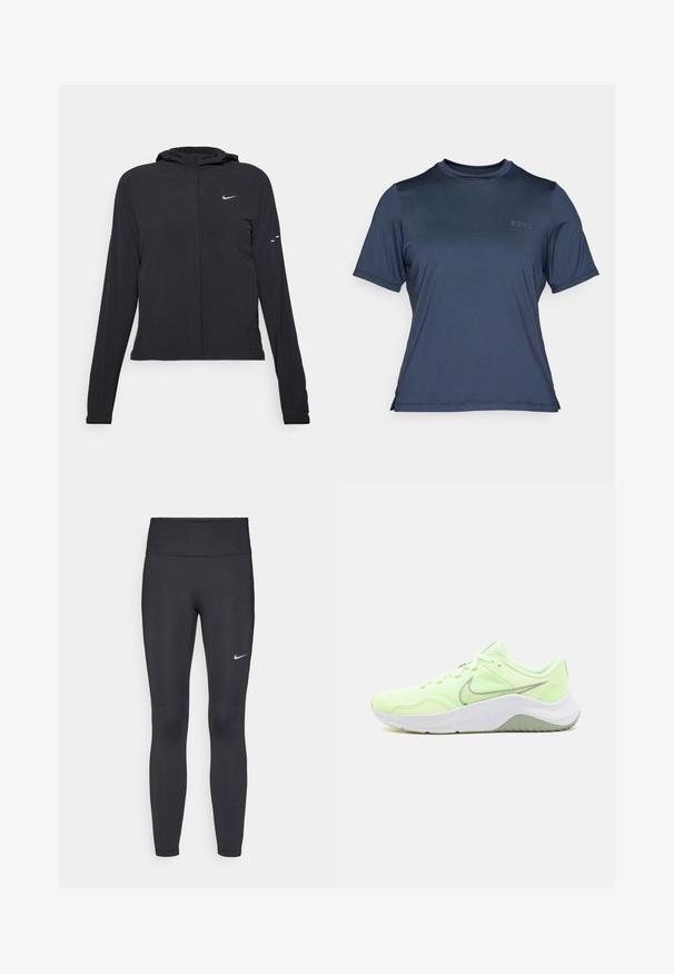 Svart huva jacka med långa ärmar, gjord av lätt material. Har en framdragare, en Nike-logotyp och subtila designelement.; Kortärmad marinblå träningströja tillverkad av ett mjukt, lätt material. Har en rundad halsringning och en diskret "BORG"-logotyp på framsidan.; Svarta leggings i elastiskt material, med hög midja och en vit Nike-logga på vänster lår. Slät textur, figurnära design.; Nike Performance LEGEND ESSENTIAL 3 - Träningsskor - barely volt/olive aura/jade horizon