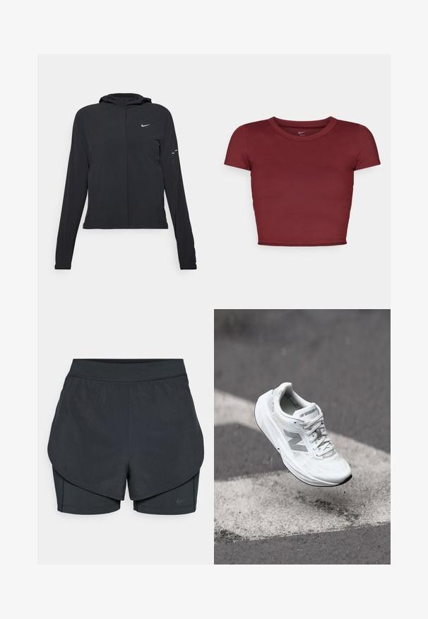 Schwarze Kapuzenjacke mit langen Ärmeln, aus leichtem Material gefertigt. Sie hat einen vorderen Reißverschluss, ein Nike-Logo und dezente Designelemente.; Bordeauxfarbener, kurzärmeliger Crop-Top aus glattem Stoff mit rundem Ausschnitt. Minimalistisches Design, keine sichtbaren Logos oder Muster.; Schwarze sportliche Shorts mit einem geschichteten Design, das eine glatte äußere Schicht und eng anliegende innere Shorts umfasst. Hergestellt aus leichtem, dehnbarem Material.; Weißer Laufschuh mit einem strukturierten Mesh-Obermaterial, grauen Akzenten und einer gepolsterten Sohle, in der Luft über einer Fahrbahnmarkierung dargestellt.