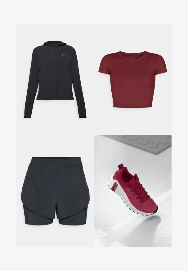 Must musta kapuutsiga jakk, millel on pikad varrukad ja mis on valmistatud kergetest materjalidest. Omab esitaskut, Nike logo ja kergelt silmatorkavaid disainiaktsente.; Burgundi, lühikeste varrukatega lühike topp, mis on valmistatud siledast kangast ja millel on ümar kaelus. Minimalistlik disain, pole nähtavaid logosid ega mustreid.; Mustad musta sportlikud lühikesed püksid kihilise disainiga, millel on sile välimine kiht ja istuvad sisepüksid. Valmistatud kergest, venivast kangast.; Punane spordijalats tekstureeritud ülemise osa, paelte ja paksu valge tallaga. Omab kontrastset musta varbakorki ja logo küljes.
