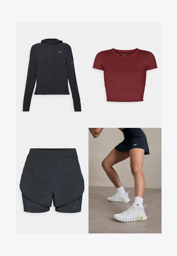 Veste à capuche noire avec des manches longues, fabriquée en matériau léger. Elle comporte une fermeture éclair à l'avant, un logo Nike et des accents de design subtils.; Crop top bordeaux à manches courtes en tissu lisse avec un col rond. Design minimaliste, sans logos ni motifs visibles.; Shorts de sport noirs avec un design superposé, présentant une couche extérieure lisse et des shorts intérieurs ajustés. Fabriqués en tissu léger et extensible.; Chaussures de sport blanches avec une surface texturée, des accents vert fluo et un logo Nike bien en vue. Portées avec des chaussettes blanches à mi-mollet.