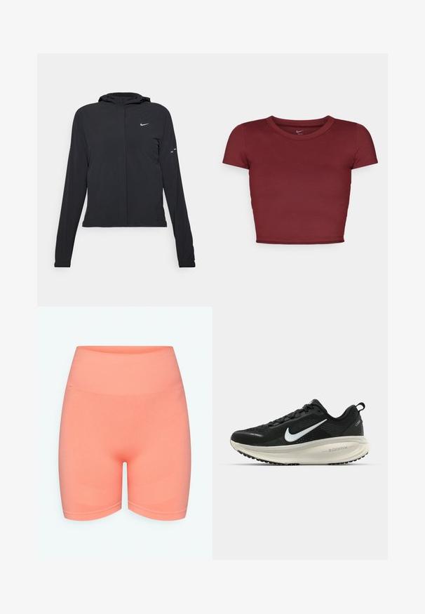 Mustassa hupparissa on pitkät hihat, ja se on valmistettu kevyestä materiaalista. Siinä on edessä vetoketju, Nike-logo ja hillityt muotoiluyksityiskohdat.; Burgundy, lyhythihainen crop-top, joka on valmistettu sileästä kankaasta ja jossa on pyöreä pääntie. Minimalistinen muotoilu, ei näkyviä logoja tai kuvioita.; Harmaan persikanväriset, korkea vyötärö urheilu shortsit, jotka on valmistettu joustavasta kankaasta. Shortsien pinnassa on sileä rakenne ja hienovaraisia ribattuja yksityiskohtia helman läheisyydessä.; Mustat Nike-juoksukengät, joissa on hengittävä verkko-osa, valkoinen swoosh-logo, teksturoitu yksityiskohtaus ja kermaisen värinen ZoomX-välipohja.