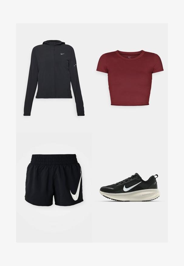 Schwarze Kapuzenjacke mit langen Ärmeln, aus leichtem Material gefertigt. Sie hat einen vorderen Reißverschluss, ein Nike-Logo und dezente Designelemente.; Bordeauxfarbener, kurzärmeliger Crop-Top aus glattem Stoff mit rundem Ausschnitt. Minimalistisches Design, keine sichtbaren Logos oder Muster.; Schwarze Sportshorts mit einem elastischen Bund, versehen mit einem großen weißen Nike-Logo auf der Vorderseite und aus einem glatten, leichten Material.; Schwarzer Nike-Laufschuh mit atmungsaktivem Mesh-Obermaterial, weißem Swoosh-Logo, strukturierten Details und einer cremefarbenen ZoomX-Zwischensohle.