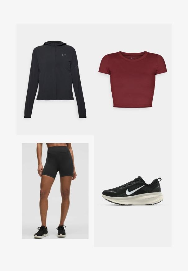 Zwarte kaptrui met lange mouwen, gemaakt van lichtgewicht materiaal. Voorzien van een ritssluiting aan de voorkant, een Nike-logo en subtiele ontwerpelementen.; Bordeaux, kortstraat crop top van gladde stof met een ronde halslijn. Minimalistisch ontwerp, geen zichtbare logo's of patronen.; Hoge taille zwarte sportshorts gemaakt van rekbaar stof, met een gladde textuur en strakke naden, ideaal voor het sporten.; Zwarte Nike hardloopschoen met ademend mesh bovenwerk, witte swoosh-logo, gestructureerde details en een crèmekleurige ZoomX middenzool.