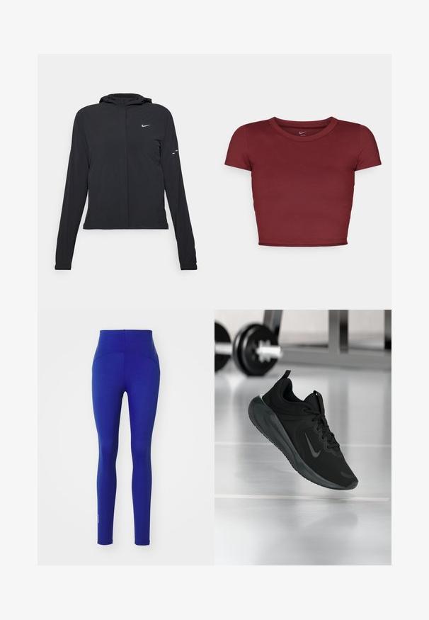 Must musta kapuutsiga jakk, millel on pikad varrukad ja mis on valmistatud kergetest materjalidest. Omab esitaskut, Nike logo ja kergelt silmatorkavaid disainiaktsente.; Burgundi, lühikeste varrukatega lühike topp, mis on valmistatud siledast kangast ja millel on ümar kaelus. Minimalistlik disain, pole nähtavaid logosid ega mustreid.; Stronger SIGNATURE COMPRESSION - Retuusid - bellwether blue; Mustad mustang spordijalatsid Nike logo'ga, õhus spordisaali põrandal, häguste hantlite riiulitega taustal.