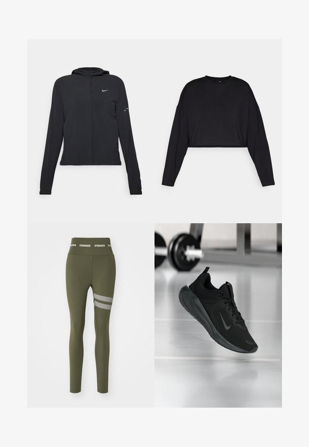 Zwarte kaptrui met lange mouwen, gemaakt van lichtgewicht materiaal. Voorzien van een ritssluiting aan de voorkant, een Nike-logo en subtiele ontwerpelementen.; Zwarte katoenen crop top met lange mouwen, ronde hals en zachte textuur. Beschikt over een minimalistisch ontwerp zonder zichtbare patronen of accenten.; Olijfgroene leggings van rekbaar materiaal, met een hoge tailleband waarop de tekst "STRONGER" staat en drie horizontale mesh-strepen op de dij.; Zwarte sportsneaker met Nike-logo, weergegeven in de lucht boven de gymvloer, met een vervaagde halterrek op de achtergrond.