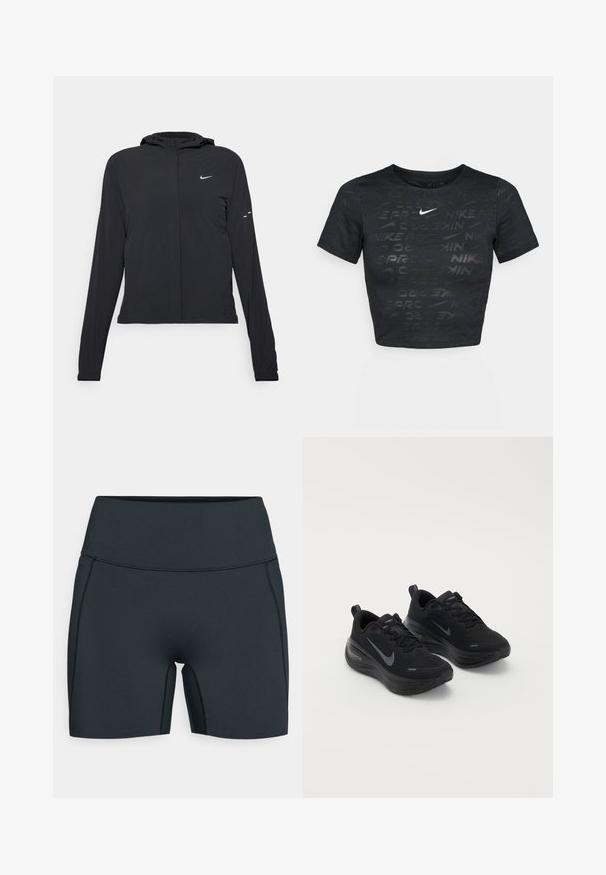 Chaqueta negra con capucha y mangas largas, hecha de un material ligero. Presenta un cierre frontal, un logo de Nike y acentos de diseño sutiles.; Camiseta negra corta hecha de tejido ligero, con un patrón texturizado de la palabra "NIKE" y un pequeño logo de swoosh de Nike en blanco.; Pantalones cortos deportivos negros de tela elástica, con una cintura alta, costuras laterales y un diseño elegante para mayor comodidad y movilidad.; Zapatillas deportivas negras con un upper texturizado, diseño con cordones y una suela gruesa y acolchada. Presenta un logo de Nike gris a cada lado.