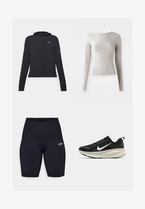 Mustassa hupparissa on pitkät hihat, ja se on valmistettu kevyestä materiaalista. Siinä on edessä vetoketju, Nike-logo ja hillityt muotoiluyksityiskohdat.; Vaaleanharmaa pitkähihaisuus paita, joka on valmistettu kiiltävästä ja sileästä kankaasta. Pyöreä kaulus ja tiivis leikkaus. Helma on hieman levenevä alhaalta.; Mustat pyöräilyshortsit, jotka on valmistettu venyvästä kankaasta ja joissa on korkea vyötärö. Niissä on pieni valkoinen logo vasemmassa reidessä ja sileä pinta.; Mustat Nike-juoksukengät, joissa on hengittävä verkko-osa, valkoinen swoosh-logo, teksturoitu yksityiskohtaus ja kermaisen värinen ZoomX-välipohja.