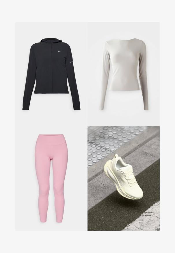 Jachetă neagră cu glugă, cu mâneci lungi, fabricată din material ușor. Dispune de un fermoar frontal, un logo Nike și accente de design subtile.; Top lung cu mânecă lungă, de culoare gri deschis, dintr-un material neted și fin, cu gât rotund și o siluetă ajustată. Manseta este ușor lărgiată la bază.; Leggings roz cu talie înaltă, fabricate dintr-un material neted și elastic. Prezintă detalii minime cu cusături și un mic accent cu logo.; Adidaș alb pentru alergare, cu un exterior texturat, panouri din plasă, șireturi și o talpă captusită. Prezintă un accent reflectorizant și o ușoară curbură.