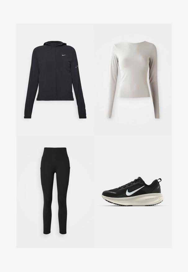 Zwarte kaptrui met lange mouwen, gemaakt van lichtgewicht materiaal. Voorzien van een ritssluiting aan de voorkant, een Nike-logo en subtiele ontwerpelementen.; Lichtgrijs langwerpig shirt met lange mouwen, gemaakt van een gladde, soepele stof met een ronde halslijn en een aansluitende snit. De zoom is aan de onderkant iets uitlopend.; Zwarte leggings met een hoge tailleband, gemaakt van rekbare stof, met zijzakken en een gladde textuurafwerking.; Zwarte Nike hardloopschoen met ademend mesh bovenwerk, witte swoosh-logo, gestructureerde details en een crèmekleurige ZoomX middenzool.