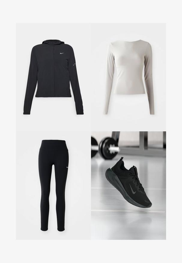 Black hooded jacket with long sleeves, made from lightweight material. Features a front zipper, a Nike logo, and subtle design accents.; Light grey long-sleeve top made of sleek, smooth fabric with a round neckline and a fitted silhouette. Hem is slightly flared at the bottom.; Black leggings with a high waistband, made of stretchy material, featuring a small white logo on the left hip. Smooth texture throughout.; Black sports sneaker with Nike logo, shown mid-air on gym floor, with blurred dumbbell rack in background.