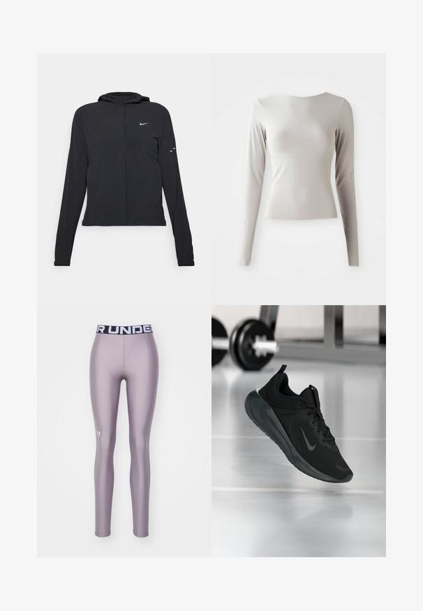 Svart huva jacka med långa ärmar, gjord av lätt material. Har en framdragare, en Nike-logotyp och subtila designelement.; Ljusgrå långärmad topp i slätt, mjukt tyg med rund halsringning och figurnära silhuett. Slutningen är något utflädd i botten.; Tights i ljus lila, gjorda av ett slätt, elastiskt material. Har en svart midja med "UNDER ARMOUR" tryckt i vitt. Logotyp på benet.; Svarta sportskor med Nike-logotyp, visade mitt i luften på gymgolvet, med en suddig hantelställning i bakgrunden.