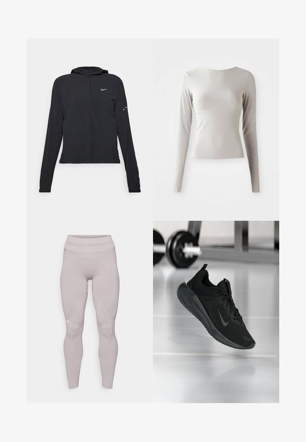 Črna kapuča s dolgimi rokavi, izdelana iz lahkega materiala. Ima sprednji zadrgo, logotip Nike in subtilne oblikovne detajle.; Svetlo siva majica s dugim rukavima, izdelana iz gladkega, prefinjenega materiala, z okroglim izrezom in prilegajočo silhueto. Rob je na dnu rahlo razširjen.; Svetlo sivi legingi s prilagojeno zasnovo, izdelani iz gladkega materiala. Imajo širok pas z besedilom "Under Armour" in subtilnimi šivi.; Črne športne teniske z logotipom Nike, prikazane v zraku na telovadni talni površini, v ozadju pa zamegljena vrsta uteži.