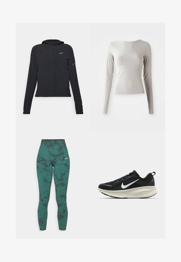 Črna kapuča s dolgimi rokavi, izdelana iz lahkega materiala. Ima sprednji zadrgo, logotip Nike in subtilne oblikovne detajle.; Svetlo siva majica s dugim rukavima, izdelana iz gladkega, prefinjenega materiala, z okroglim izrezom in prilegajočo silhueto. Rob je na dnu rahlo razširjen.; Visoko pasne legice v temnem teal barvi z marmoriranim črnim vzorcem. Tkanina ima gladko teksturo in elastičen pas za udobje.; Črne Nike tekaške čevlje z zračno mrežno zgornjim delom, belim logotipom Swoosh, teksturiranimi detajli in smetanasto barvnim srednjim delom ZoomX.
