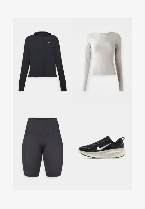 Svart hettegenser med lange ermer, laget av lett materiale. Har glidelås foran, Nike-logo og subtile design detaljer.; Lys grå langermet topp laget av glatt, myk stoff med rund hals og en tettsittende silhuett. Nederkant er litt utsvingt nederst.; Sorte høye sykkelshorts laget av et elastisk materiale, med en sidelomme, myk tekstur og flate sømmer for komfort.; Svart Nike løpesko med pustende mesh-overdel, hvit swoosh-logo, teksturert detaljer og en kremfarget ZoomX mellomsåle.