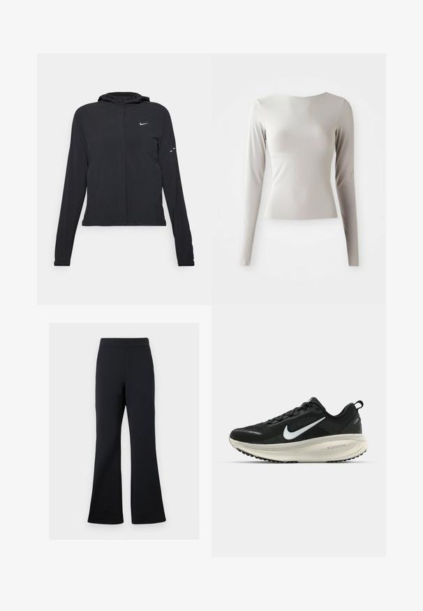 Casaco preto com capuz e mangas longas, feito de material leve. Apresenta um fecho dourado na frente, um logótipo da Nike e detalhes de design subtis.; Camisola de manga longa em cinza claro, feita de um tecido liso e suave, com decote redondo e uma silhueta ajustada. A bainha é ligeiramente alargada na parte inferior.; Calças pretas com corte flare, confeccionadas em tecido suave, com uma cinta elástica e um discreto detalhe de bolso lateral, apresentando uma textura lisa e um design minimalista.; Sapatilha de corrida Nike preta com parte superior de malha respirável, logotipo Swoosh branco, detalhes texturizados e uma entressola ZoomX na cor creme.
