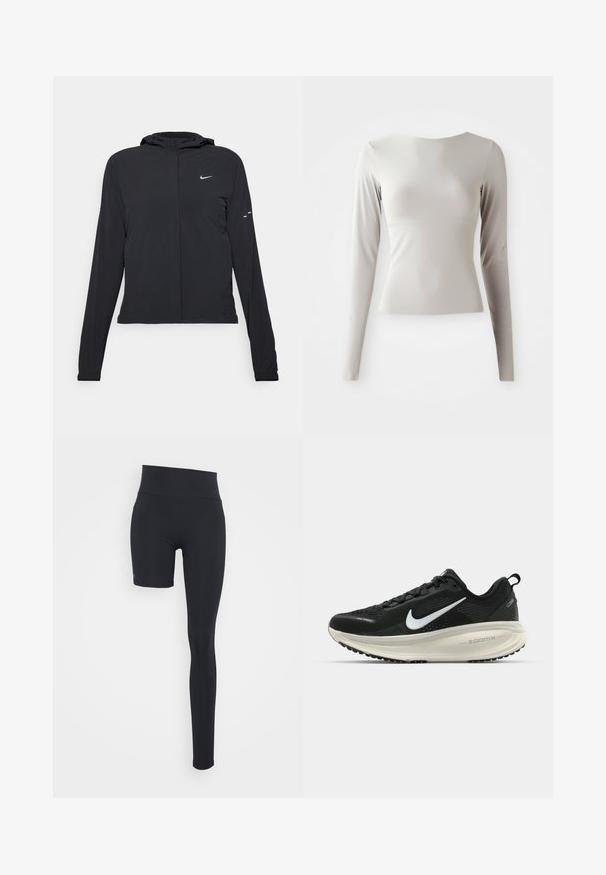 Chaqueta negra con capucha y mangas largas, hecha de un material ligero. Presenta un cierre frontal, un logo de Nike y acentos de diseño sutiles.; Top de manga larga gris claro, hecho de una tela suave y lisa, con un escote redondo y una silueta ajustada. El dobladillo se encuentra ligeramente acampanado en la parte inferior.; Even&Odd active ADAPTIVE MID RISE LEGGINGS - Leggings - black/short right leg; Zapatilla de running Nike negra con parte superior de malla transpirable, logo Swoosh blanco, detalles texturizados y una entresuela ZoomX de color crema.