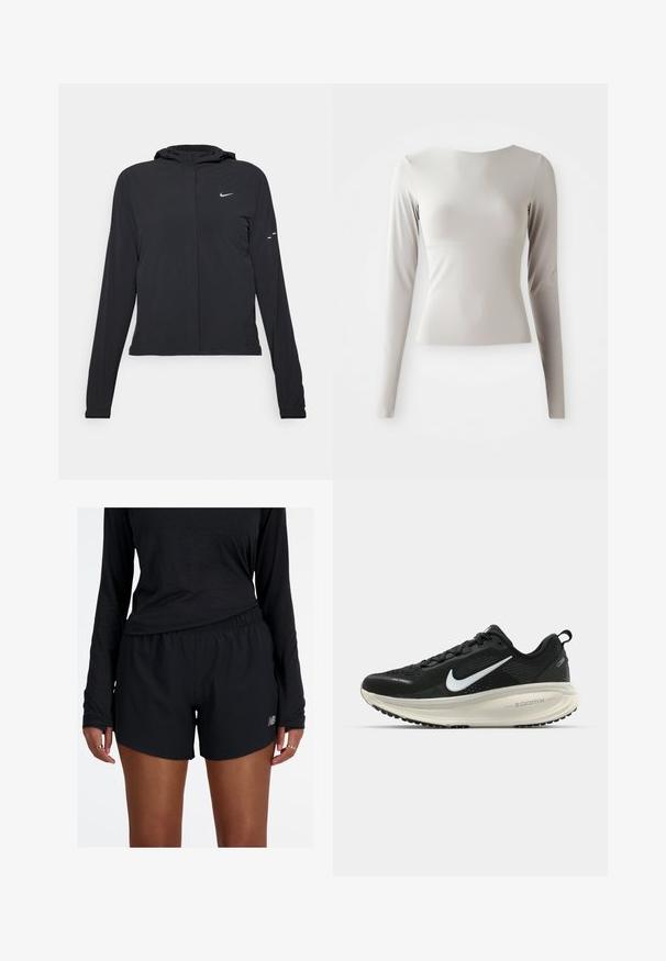 Jachetă neagră cu glugă, cu mâneci lungi, fabricată din material ușor. Dispune de un fermoar frontal, un logo Nike și accente de design subtile.; Top lung cu mânecă lungă, de culoare gri deschis, dintr-un material neted și fin, cu gât rotund și o siluetă ajustată. Manseta este ușor lărgiată la bază.; Șorturi atletice negre cu un brâu elastic și un logo reflectorizant. Materialul pare ușor și neted, având o potrivire lejeră.; Pantofii de alergare negri de la Nike, cu parte superioară din plasă respirabilă, logo-ul alb Swoosh, detalii texturate și o talpă intermediară ZoomX de culoare crem.