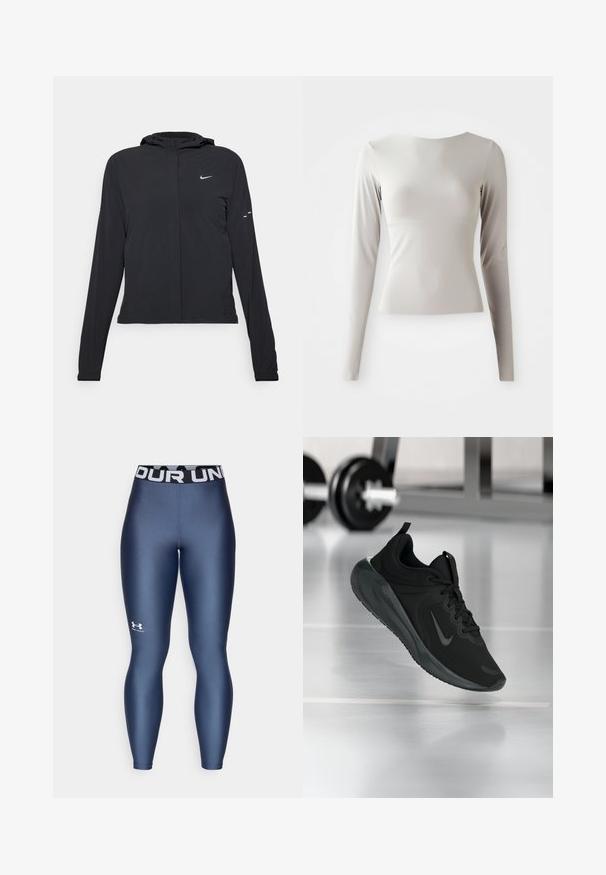 Giacca nera con cappuccio e maniche lunghe, realizzata in materiale leggero. Presenta una zip frontale, il logo Nike e accenti di design sottili.; Maglione grigio chiaro a maniche lunghe realizzato in tessuto lucido e morbido, con scollatura rotonda e silhouette aderente. Orlo leggermente svasato sul fondo.; Leggings aderenti blu navy con texture liscia, vita elastica con la scritta "UNDER ARMOUR" in bianco e dettaglio del logo sulla parte inferiore della gamba.; Sneaker sportivo nero con logo Nike, mostrato in volo su un pavimento da palestra, con un supporto per pesi sfocato sullo sfondo.