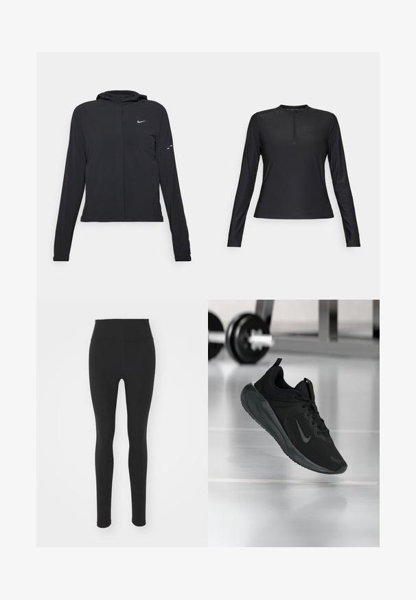 Zwarte kaptrui met lange mouwen, gemaakt van lichtgewicht materiaal. Voorzien van een ritssluiting aan de voorkant, een Nike-logo en subtiele ontwerpelementen.; Zwarte langemouwen shirt gemaakt van glad, lichtgewicht materiaal. Bevat een ritskraag en een subtiel logo op de borst.; Zwarte high-waisted leggings van rekbaar materiaal, met een gladde textuur en een aansluitend ontwerp, tot aan de enkel zonder patronen.; Zwarte sportsneaker met Nike-logo, weergegeven in de lucht boven de gymvloer, met een vervaagde halterrek op de achtergrond.