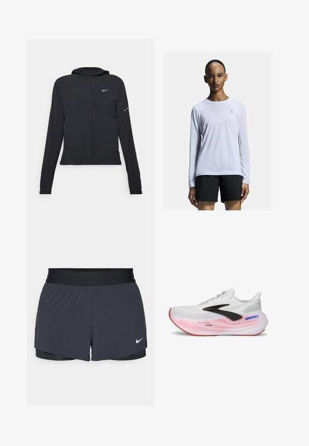 Černá kapucňová bunda s dlouhými rukávy, vyrobená z lehkého materiálu. Obsahuje přední zip, logo Nike a decentní designové akcenty.; Bílá výkonnostní košile s dlouhým rukávem vyrobená z lehkého a prodyšného materiálu. Má kulatý výstřih a diskrétní logo na hrudi.; Černé sportovní kraťasy s elastickým pasem, které mají vrstvený design a malé bílé logo Nike na dolním levém rohu. Lehce materiál.; Běžecká obuv s bílým síťovaným svrškem, černým bočním akcentem, růžovou a bílou podrážkou a červeným vzorkem. Disponuje polstrovaným límcem a složitými texturami.