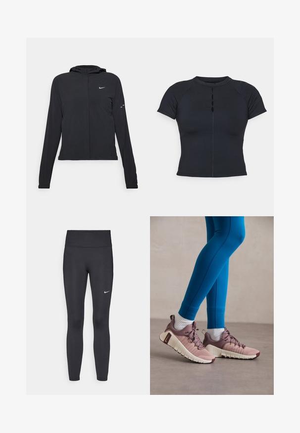 Zwarte kaptrui met lange mouwen, gemaakt van lichtgewicht materiaal. Voorzien van een ritssluiting aan de voorkant, een Nike-logo en subtiele ontwerpelementen.; Zwarte korte mouwen top met een hoge halslijn, knoopdetail aan de voorkant, gemaakt van rekbaar materiaal, met raglanmouwen en vlakke naden.; Zwarte legging van rekbare stof met een hoge tailleband en een wit Nike-logo op de linkerdij. Gladde textuur, aansluitend ontwerp.; Sportieve schoenen in lichtroze en beige met textuur op de zijkanten, bruine accenten en flexibele zolen. G gedragen met blauwe leggings en witte sokken.