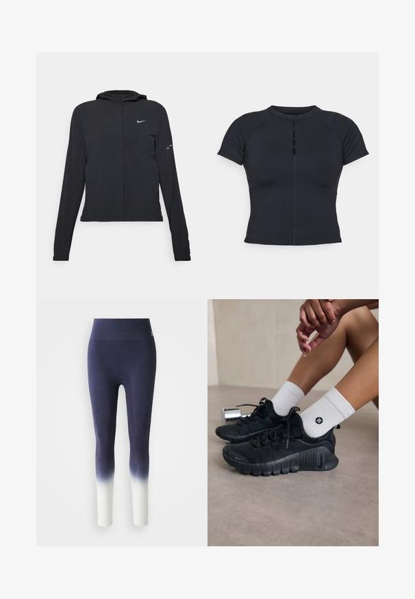 Jachetă neagră cu glugă, cu mâneci lungi, fabricată din material ușor. Dispune de un fermoar frontal, un logo Nike și accente de design subtile.; Top scurt negru cu mânecă scurtă și guler înalt, detaliu cu nasturi în față, fabricat dintr-un material elastic, având mâneci raglan și cusături plate.; Leggings pentru femei cu talie înaltă, de culoare albastru marin, care se estompează în alb la glezne, realizate dintr-un material elastic.; Pantofi sport negri din material texturat, cu un design cu sireturi și o talpă proeminentă, asortați cu șosete albe cu model cu nervuri, având un mic logo.