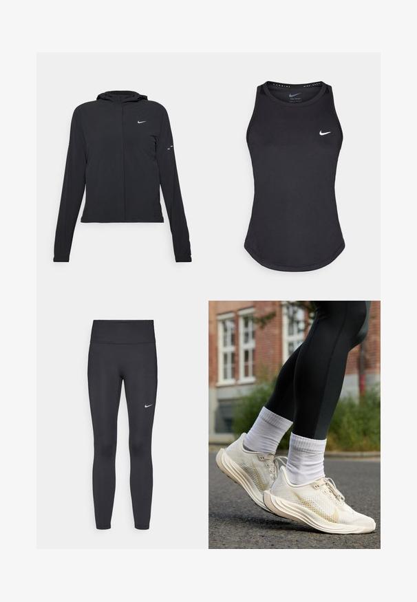 Black hooded jacket with long sleeves, made from lightweight material. Features a front zipper, a Nike logo, and subtle design accents.; Black athletic tank top made from moisture-wicking material. Features a round neckline, slim fit, and white Nike logo on the chest.; Black leggings made of stretchy fabric, featuring a high waistband and a white Nike logo on the left thigh. Smooth texture, form-fitting design.; Nike running shoes in light beige mesh with a textured finish, designed with white laces and a curved sole, paired with white ankle socks.