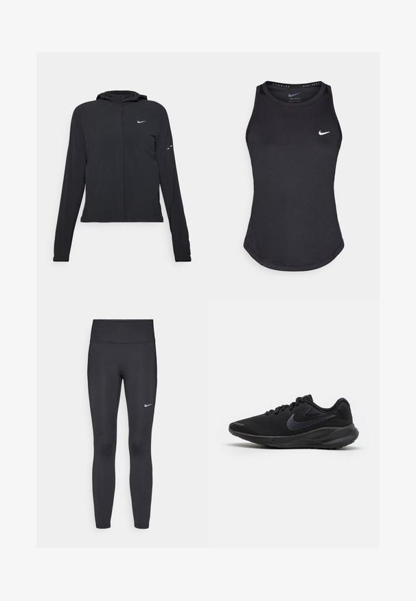 Giacca nera con cappuccio e maniche lunghe, realizzata in materiale leggero. Presenta una zip frontale, il logo Nike e accenti di design sottili.; Top sportivo nero realizzato in materiale traspirante. Presenta un colletto rotondo, una vestibilità slim e il logo Nike bianco sul petto.; Leggings neri realizzati in tessuto elasticizzato, con una vita alta e un logo Nike bianco sulla coscia sinistra. Tessuto liscio, design aderente.; Scarpa da corsa nera con tomaia in mesh traspirante, accenti testurizzati, lacci piatti e suola in gomma solida con lieve rialzo del tallone.