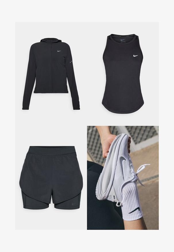 Schwarze Kapuzenjacke mit langen Ärmeln, aus leichtem Material gefertigt. Sie hat einen vorderen Reißverschluss, ein Nike-Logo und dezente Designelemente.; Schwarzes Sporttanktop aus feuchtigkeitsableitendem Material. Mit Rundhalsausschnitt, enger Passform und weißem Nike-Logo auf der Brust.; Schwarze sportliche Shorts mit einem geschichteten Design, das eine glatte äußere Schicht und eng anliegende innere Shorts umfasst. Hergestellt aus leichtem, dehnbarem Material.; Weißer Sportschuh mit strukturiertem Design und grauem Nike-Logo, über einer weißen Socke gehalten. Der Schuh hat eine flexible Sohle und Schnürsenkel.