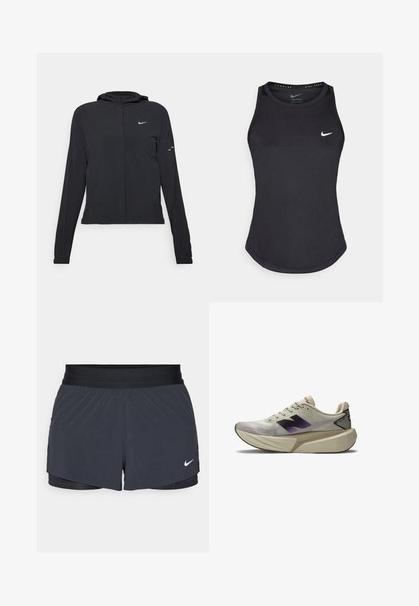 Mustassa hupparissa on pitkät hihat, ja se on valmistettu kevyestä materiaalista. Siinä on edessä vetoketju, Nike-logo ja hillityt muotoiluyksityiskohdat.; Mustapohjainen urheilutoppi, joka on valmistettu kosteutta siirtävästä materiaalista. Siinä on pyöreä kaula-aukko, slim fit -muotoilu ja valkoinen Nike-logo rinnassa.; Mustat urheilushortsit, joissa on joustava vyötärö. Shortseissa on kerroksellinen muotoilu ja pieni valkoinen Nike-logo vasemmassa alareunassa. Kevyt materiaali.; Vaalean beige urheilukengät, joissa on paksu pohja, musta ja violetti "N" -logo sivulla sekä "FantomFit" -merkki kannassa.