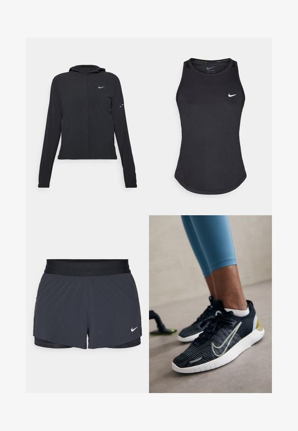 Svart huva jacka med långa ärmar, gjord av lätt material. Har en framdragare, en Nike-logotyp och subtila designelement.; Svart atletisk linne gjort av fuktavvisande material. Har rund halsringning, smal passform och vit Nike-logotyp på bröstet.; Svarta idrottsshorts med elastisk midja, med en lagerdesign och en liten vit Nike-logga på nedre vänstra sidan. Lättviktig material.; Svarta sportskor med texturerat tyg, vit sula och en gul accent. Har en snörning och en framträdande logotyp på sidan.