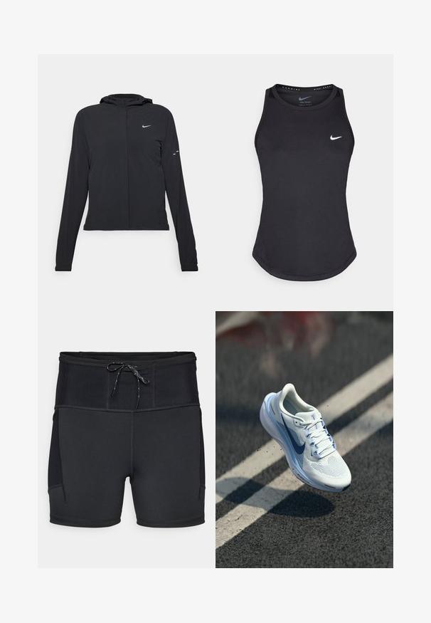 Schwarze Kapuzenjacke mit langen Ärmeln, aus leichtem Material gefertigt. Sie hat einen vorderen Reißverschluss, ein Nike-Logo und dezente Designelemente.; Schwarzes Sporttanktop aus feuchtigkeitsableitendem Material. Mit Rundhalsausschnitt, enger Passform und weißem Nike-Logo auf der Brust.; Schwarze Sportshorts mit hohem Bund, strukturiertem oberen Panel und Kordelzug. Verfügt über Flachnähte und Seitentaschen.; Weißer Sportschuh mit atmungsaktivem Mesh-Obermaterial und blauen Akzenten. Verfügt über eine gepolsterte Sohle und flache Schnürsenkel. Die Zwischensohle zeigt das Branding "Air Zoom".