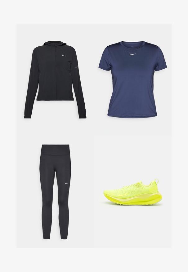 Crna jakna s kapuljačom i dugim rukavima, izrađena od laganog materijala. Ima prednji patentni zatvarač, Nike logo i suptilne dizajnerske detalje.; Tamno plavi kratki rukav sportski majica od glatkog, laganog materijala, s malim bijelim Nike logom na prsima.; Crne tajice izrađene od rastezljivog materijala, s visokim strukom i bijelim Nike logotipom na lijevom bedru. Glatka tekstura, dizajn koji prati obline.; Neon žute trkačke tenisice sa teksturiranim mrežastim gornjim dijelom, amortizirajućim đonom i petnom trakom za lakše oblačenje.