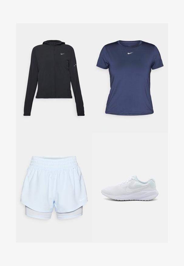 Casaco preto com capuz e mangas longas, feito de material leve. Apresenta um fecho dourado na frente, um logótipo da Nike e detalhes de design subtis.; T-shirt atlético de mangas curtas azul marinho, feito de um tecido liso e leve, com um pequeno logo branco da Nike no peito.; Calções atléticos azul claro com um cós elástico; a camada exterior é de corte curto, enquanto a camada interior é justa e feita de um tecido respirável.; Sapatilhas brancas desportivas com parte superior em malha, design texturizado, biqueira arredondada, colarinho almofadado e detalhes em azul claro no calcanhar. Sola de borracha.