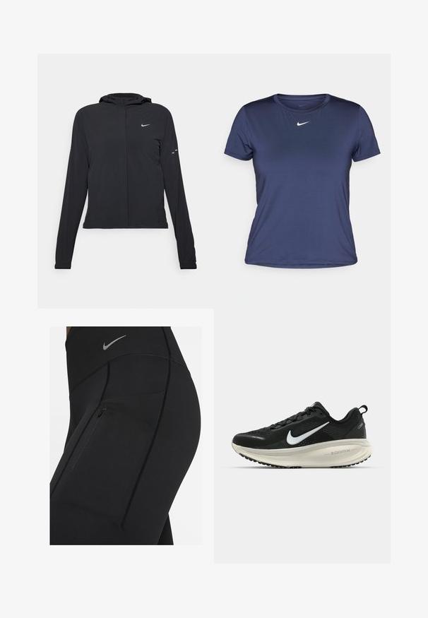Sort hættetrøje med lange ærmer, lavet af letvægtsmateriale. Har en frontlynlås, et Nike-logo og subtile designaccenter.; Marineblå kortærmet sportstrøje lavet af glat, letvægtsstof, med et lille hvidt Nike-logo på brystet.; Sorte højtaljede leggings lavet af strækbart materiale, med en lynlåslomme og kontrastsytr. Sølvfarvet Nike-logo på taljen.; Sort Nike løbesko med åndbart mesh-overdel, hvidt swoosh-logo, tekstureret detaljering og en cremede ZoomX mellemsål.