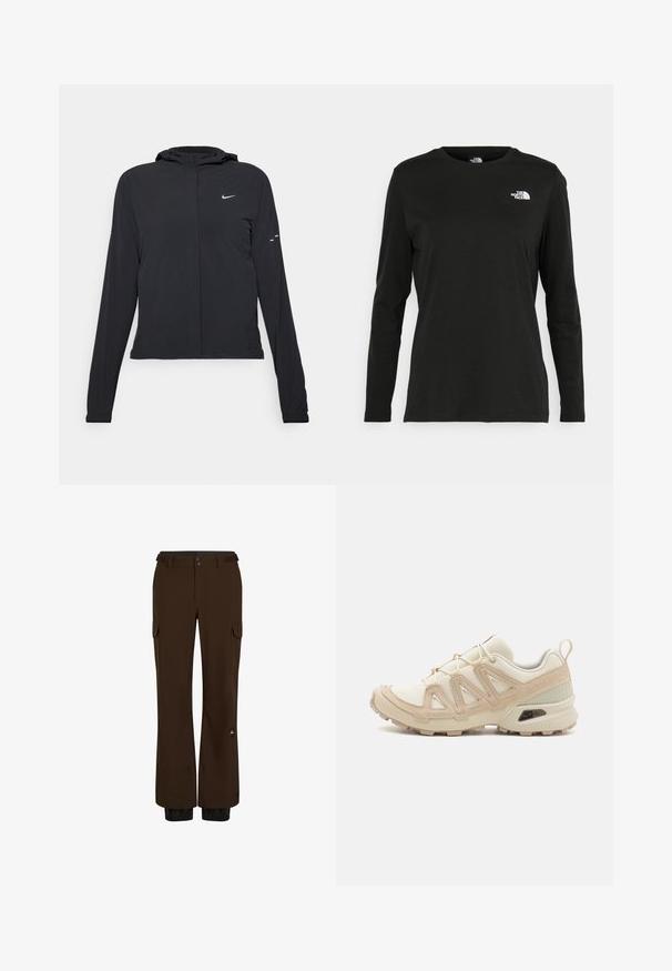 Giacca nera con cappuccio e maniche lunghe, realizzata in materiale leggero. Presenta una zip frontale, il logo Nike e accenti di design sottili.; T-shirt nera a maniche lunghe in cotone con colletto rotondo. Presenta un piccolo logo bianco sul lato sinistro del petto. Design semplice e vestibilità comoda.; Pantaloni cargo marroni realizzati in tessuto resistente, con molteplici tasche, chiusura a bottone e polsini elasticizzati alle caviglie.; Scarpa atletica beige e crema con tomaia in mesh testurizzato, sovrapposizioni supportive e suola in gomma con un motivo a tasselli per la trazione.