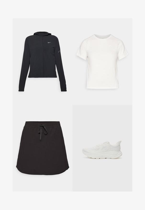 Juodas gobtuvas striukė su ilgomis rankovėmis, pagaminta iš lengvo audinio. Pasižymi priekiniais užtrauktukais, Nike logotipu ir subtiliais dizaino akcentais.; Lengvas baltas marškinėliai trumpomis rankovėmis, apvaliu kaklu ir maža logo viršutiniame kairiajame kampe. Lygus audinys su subtiliu blizgesiu.; Juodas sportinis sijonas su elastingu juosmeniu, reguliuojamu raišteliu ir išlenktu apatiniu kraštu. Pagamintas iš lengvos, glotnios medžiagos.; Balti bėgimo batai su tekstūruota tinkline viršutine dalimi, paminkštinta apykakle, storu tarpiniais ir guminėmis padais. Turėti logotipo detalę šone.