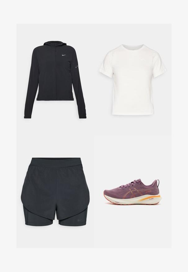 Veste à capuche noire avec des manches longues, fabriquée en matériau léger. Elle comporte une fermeture éclair à l'avant, un logo Nike et des accents de design subtils.; T-shirt léger blanc à manches courtes, col rond et avec un petit logo dans le coin supérieur gauche. Tissu lisse avec un léger éclat.; Shorts de sport noirs avec un design superposé, présentant une couche extérieure lisse et des shorts intérieurs ajustés. Fabriqués en tissu léger et extensible.; Baskets de course violettes avec une tige texturée, accents orange, semelle rembourrée et un logo bien en vue sur le côté. Présente des lacets et une languette au talon.