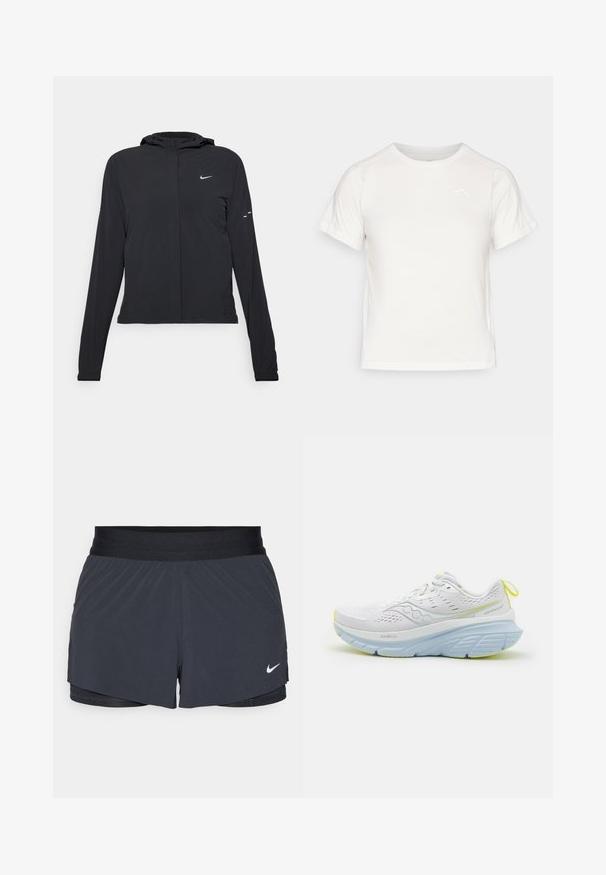 Giacca nera con cappuccio e maniche lunghe, realizzata in materiale leggero. Presenta una zip frontale, il logo Nike e accenti di design sottili.; T-shirt bianca leggera con maniche corte, collo rotondo e un piccolo logo nell'angolo in alto a sinistra. Tessuto morbido con una leggera lucentezza.; Pantaloni sportivi neri con vita elastica, caratterizzati da un design a strati e un piccolo logo Nike bianco in basso a sinistra. Materiale leggero.; Scarpa da corsa bianca con parte superiore in rete, con accenti azzurri e una suola spessa. Dettagli gialli evidenti sulla suola e sul tab del tallone.