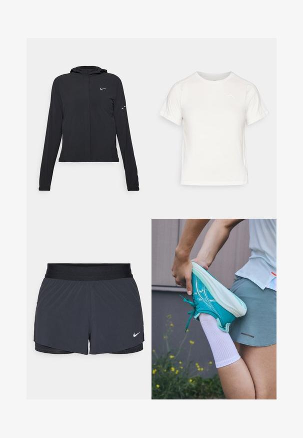 Fekete kapucnis dzseki hosszú ujjakkal, könnyű anyagból készült. Elülső cipzárral, Nike logóval és diszkrét dizájn elemekkel rendelkezik.; Könnyű fehér póló rövid ujjakkal, kerek nyakkal és egy apró logóval a bal felső sarkában. Simasága és enyhe fényessége van.; Fekete sportnadrág elasztikus derékkal, réteges kialakítással és kis fehér Nike logóval a bal alsó részen. Könnyű anyag.; Török színű sportcipő texturált felülettel, fehér fűzőkkel és talppal. Egy személy nyújtja a lábát, fehér zoknit és szürke sportnadrágot visel.