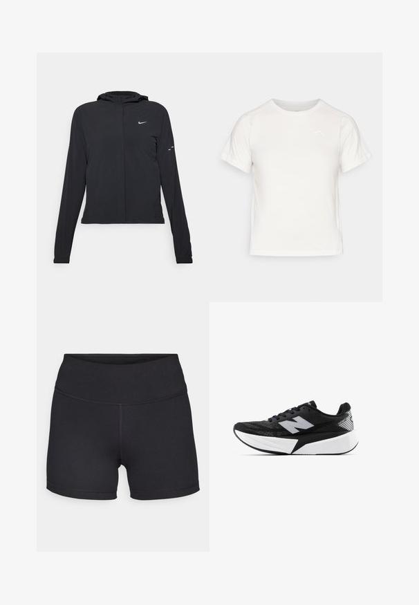 Czarna kurtka z kapturem, z długimi rękawami, wykonana z lekkiego materiału. Posiada zamek błyskawiczny z przodu, logo Nike oraz subtelne akcenty wzornicze.; Lekka biała koszulka z krótkim rękawem, okrągłym dekoltem i małym logo w lewym górnym rogu. Gładki materiał o subtelnej połysku.; Champion - Rajstopy; Czarno-biała biegowa sneaker New Balance z grubą podeszwą, siateczkowym wierzchem i logo "N" z boku, widok od strony zewnętrznej.