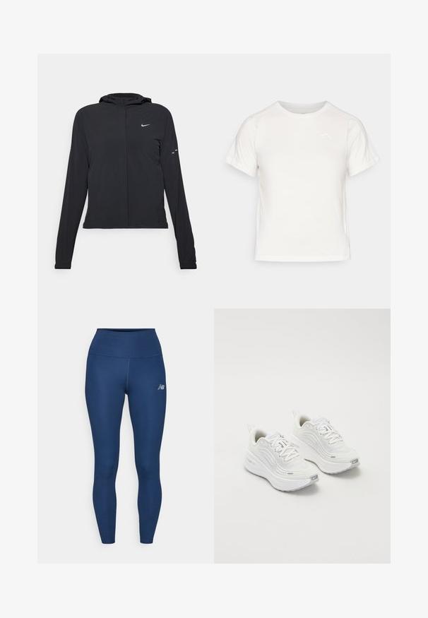 Black hooded jacket with long sleeves, made from lightweight material. Features a front zipper, a Nike logo, and subtle design accents.; Lightweight white T-shirt with short sleeves, round neck, and a small logo in the upper left corner. Smooth fabric with a subtle sheen.; Navy blue athletic leggings made of stretchy fabric, featuring a high waist, smooth texture, and a small reflective logo on the side.; White athletic shoes with a textured mesh upper, cushioned sole, and subtle grey accents. Includes branding and looped heel tab for easy wear.