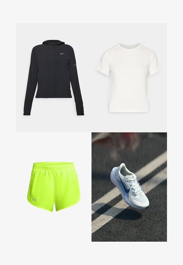 Melnā kapuci jaka ar garām piedurknēm, izgatavota no viegla materiāla. Tam ir priekšējais rāvējslēdzis, Nike logo un smalki dizaina akcenti.; Viegls balts T-krekls ar īsām piedurknēm, apaļu kaklu un mazu logo augšējā kreisajā stūrī. Gluda auduma faktūra ar maigu spīdumu.; Neon dzelteni sporta šorti ar elastīgu jostasvietu, vieglu audumu un sānu kabatām. Zemā apakšējā mala rotāta ar mazu pelēku logotipu.; Balts sporta apavi ar elpojošu sietu augšdaļu un zilu akcentu. Iezīmēts ar mīkstu zoli un plakaniem šņorēm. Viduszolei ir "Air Zoom" zīmols.