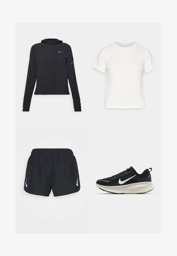 Chaqueta negra con capucha y mangas largas, hecha de un material ligero. Presenta un cierre frontal, un logo de Nike y acentos de diseño sutiles.; Camiseta blanca ligera con mangas cortas, cuello redondo y un pequeño logo en la esquina superior izquierda. Tejido suave con un sutil brillo.; Pantalones cortos deportivos negros con cintura elástica, con un logo blanco en el lado izquierdo. Fabricados con un tejido ligero y suave.; Zapatilla de running Nike negra con parte superior de malla transpirable, logo Swoosh blanco, detalles texturizados y una entresuela ZoomX de color crema.