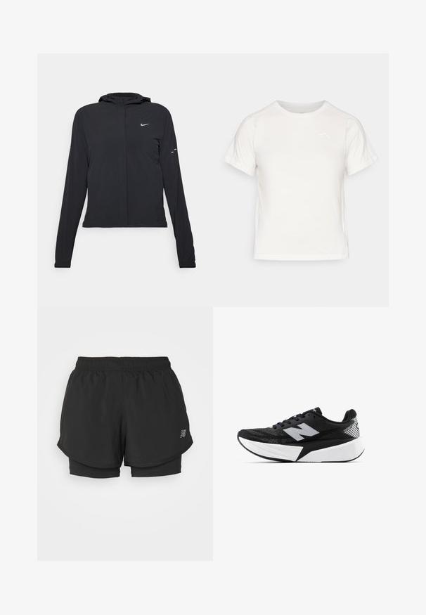 Čierna kapucňová bunda s dlhou rukávou, vyrobená z ľahkého materiálu. Má predný zips, logo Nike a jemné dizajnové akcenty.; Ľahké biele tričko s krátkymi rukávmi, okrúhlym výstrihom a malým logom v hornom ľavom rohu. Hladká tkanina s miernym leskom.; Čierne športové šortky s elastickým pásom, ktoré majú vrstvený dizajn a vnútornú podšívku. Materiál sa zdá byť ľahký a hladký.; Čierno-biele bežecké topánky New Balance s hrubou podrážkou, sieťovinovým zvrškom a logom "N" na boku, zobrazené z vonkajšej strany.
